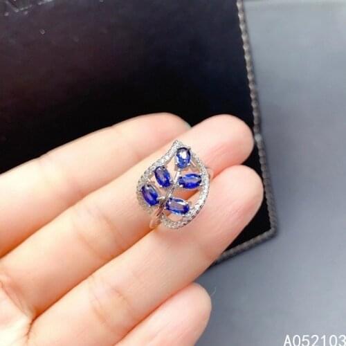 KJJEAXCMY fine jewelry 925 sterling silver inlaid Natural sapphire Womens noble elegant leaves adjustable gem ring support test