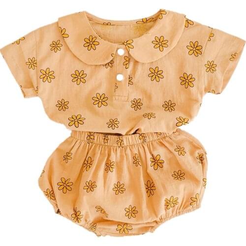 Ins Summer Baby Girls Yellow Sunflower Shirt+Shorts Two-piece Clothing Set 3 6 9 12 18 24 Month Baby Clothes OBS214801