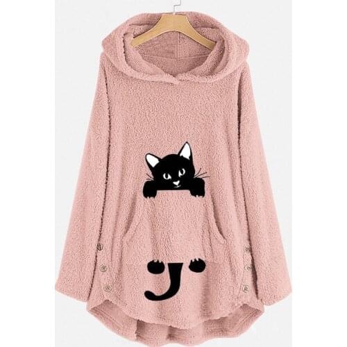Fashion Winter Women Cat Embroidery Hoodies Plush Pullover Casual Warm Sweatshirts Harajuku Hoody Female Hooded Tops Plus Size