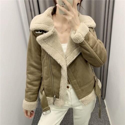 New Winter Pop Womens Thickened Warmth Winter Retro Suede Lamb Wool Motorcycle Jacket Belt Casual Loose Faux Leather Jacket