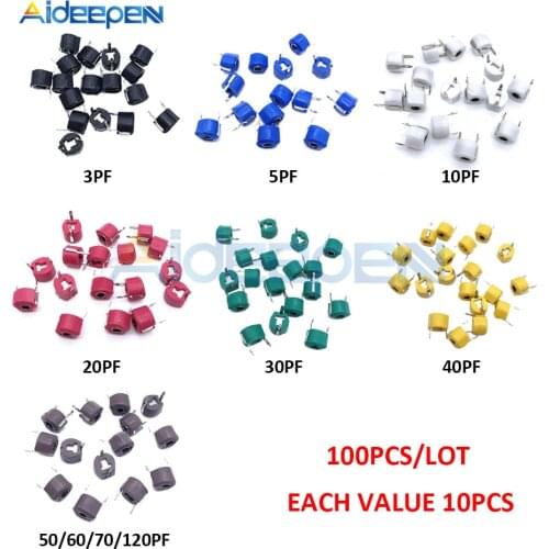 100PCS Trimmer Adjustable Capacitor Assortment Kit 3pf 5pf 10pf 20pf 30pf 40pf 50pf 60pf 70pf 120pf 10value*5pcs Capacitance Set