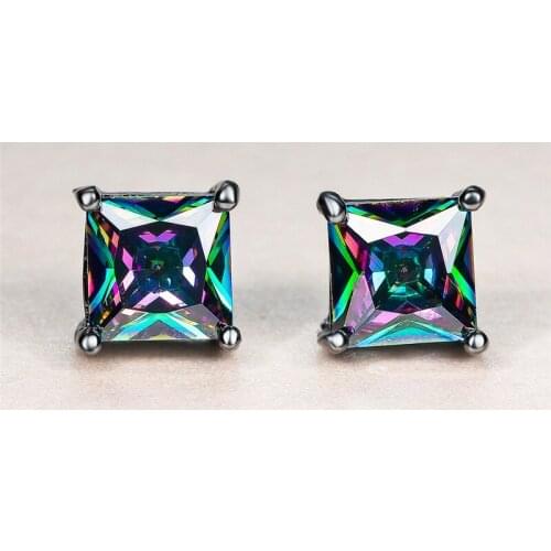 4/5/6/7MM Square Zircon Rainbow CZ Stone Black Gold Stud Earrings For Women Wedding Jewelry Fashion Multicolor Crystal Earrings