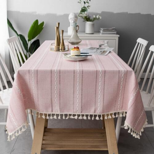 Nordic Pink Hollow Embroidered Jacquard Striped Rectangle Table cloth Christmas Tablecloth Cotton Linen Dining Table Cover Deco