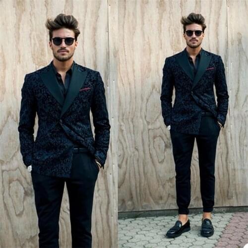 Spring /Autumn Tailor-Made Printed Wedding Suits Mens Tuxedos Custom Made Black Peaked Laple Jacket With Pants Groom Wear Blazer