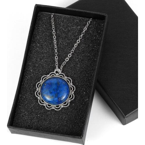 Vintage Hollow Flower Natural Gem Stone Pendant Necklaces Jewelry Lapis Lazuli Turquoises Sodalite Alloy Clavicle Chain Choker