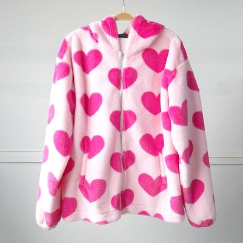 Y2k Fashion Red Heart Print Autumn Winter Coats Couples Top Harajuku Pink Keep Warm Soft Hairy New Korean Hooded Outerwear 2021