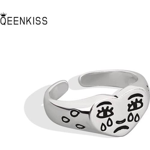 QEENKISS RG622Fine Jewelry Wholesale Fashion Ladies Men Birthday Gift Heart-shaped Crying Face 18KT Gold White Gold Open Ring
