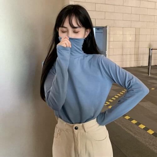TingYiLi Womens Basic Cotton Turtleneck T-shirt Vintage Long Sleeve Pink Red Beige Blue Black White T Shirt Korean Fashion Tops