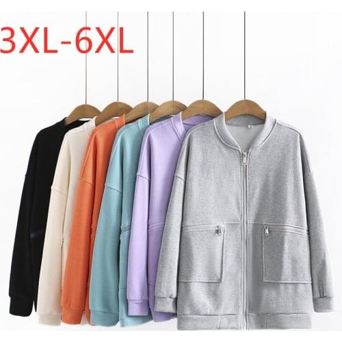 New 2021 Ladies Autumn Winter Plus Size Jacket For Women Large Long Sleeve Loose Cotton Gray Pocket Zipper Coat 3XL 4XL 5XL 6XL