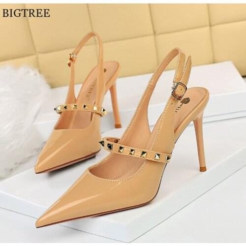 2021 Autumn Women Soft Leather Slingback Shoes Thin High Heels Ladies Office Dress Fashion Hollow Pointy Toe Woman Pumps Sandals