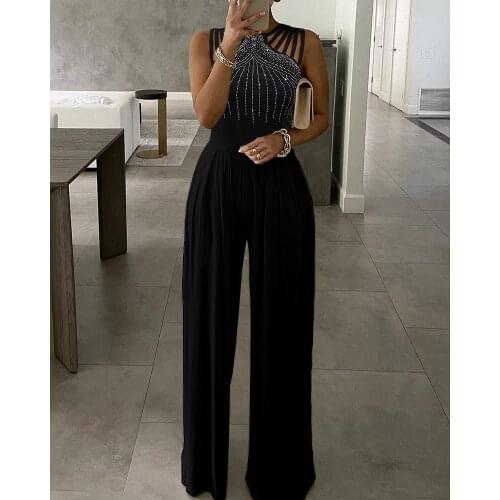 Women Office Style Studded Cutout Ruched Wide Leg Jumpsuit