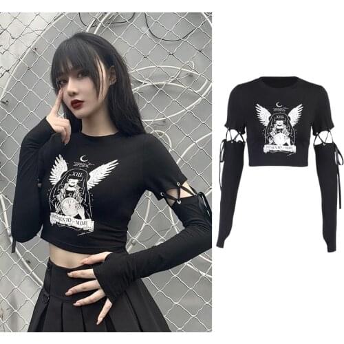 Gothic Clothing Women Fashion Shirt Slim Fit Black Crop Top Stitching Long Sleeve Dark Streetwear Personality Chic Autumn Tops