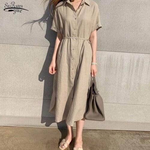 Simple Casual Women Shirt Dress 2021 Autumn Summer Loose Lapel Short Sleeve Female Dress Lace-Up Single-Breasted Robe Femme 9948