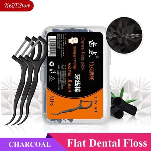 50pcs/box Black dental floss toothpicks with thread bamboo charcoal Flat hilo dental dental teeth floss black teeth stick