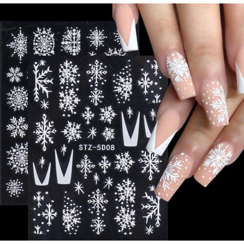 5D Winter Christmas Nail Art Decoration Sticker Embossed Charms Snowflakes French Nail Design Gel Polish Manicure Decals GLSTZ5D