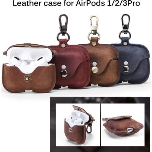 Genuine Leather Earphone Case for Apple AirPods 1 2 3 Wireless Headphone Cover with Keychain Hook for AirPods Pro Accessories