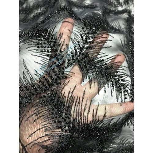Black color beads french net lace fabric sparkly beaded african Tulle lace for women party dress gold BZL-00235