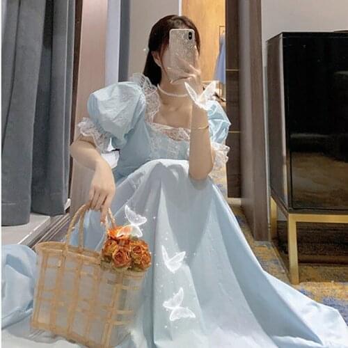 Women Elegant Solid Lace Ruffles Slim Dress Female Romantic Fairy Party Dress Summer Gentle Sweet Lolita Style Princess Vestidos