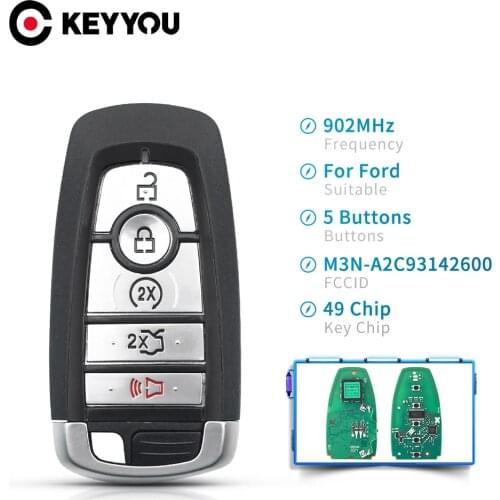 KEYYOU 902MHz ID49 Smart Remote Car Key for Ford Mondeo Mustang Fusion F-250 F-350 F-450 F-550 2017 M3N-A2C93142600 5 Buttons
