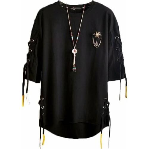 ZhuZunZhe 2021 Streetwear Cotton Men T-shirt Half Length Tee Shirt Homme Hip Hop Ribbons Side-zipper Short Sleeve Men T Shirt