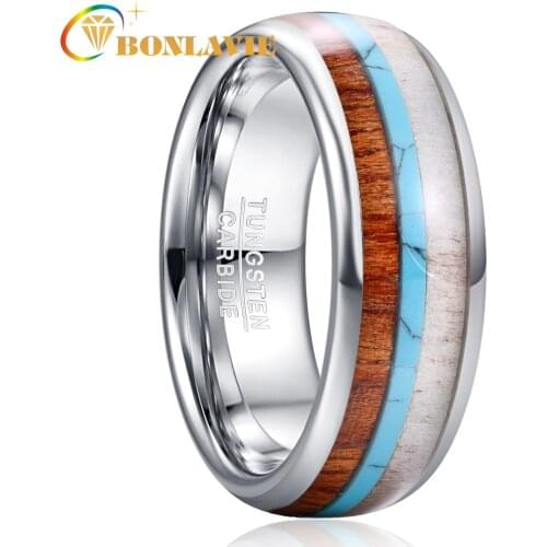 Deer Antlers Green Blue Stone Wedding Rings For Men High Polish Dome Wood Men Tungsten Carbide Ring