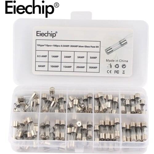 100pcs/lot Set Kit 5x20mm Fuse Assorted Kits DIY Quick Blow Glass Tube Fast-blow Glass Fuses 0.5A 1A 2A 3A 5A 8A 10A 15A 20A 30A