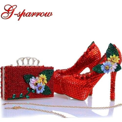 New Design Red Rhinestone Heels with Matching Bag Appliques and Crystal Wedding Bridal Shoes Party Prom Pumps with Clutch