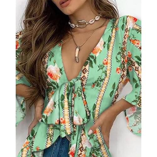 Floral Printed Womens Shirts V-neck Sexy Bow Tie Retro Female Blouses Irregular Five-quarter Sleeve Streetwear Casual Shirts