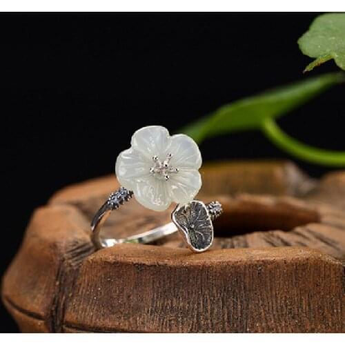 S925 Sterling Silver Retro Inlaid Natural Hetian Jade White Jade Plum Blossom Wild Open Ring