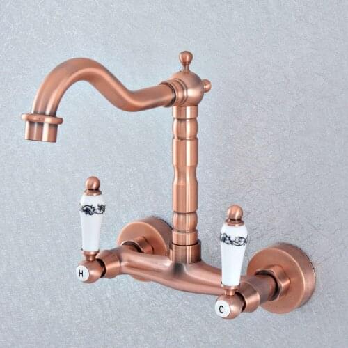 Bathroom Faucet Antique Red Copper Kitchen Mixer Tap Faucet Wall Mounted Dual Handle Hot And Cold Taps Nsf877