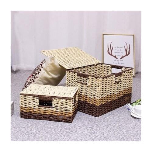 Straw storage box desktop rattan storage box book collection box with lid underwear snack woven basket