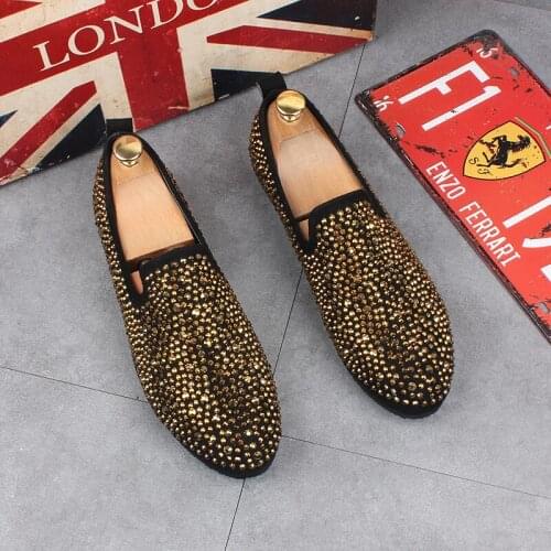Mens fashion party nightclub dresses soft leather rivets shoes slip on lazy shoe smoking slippers gold breathable loafers zapato