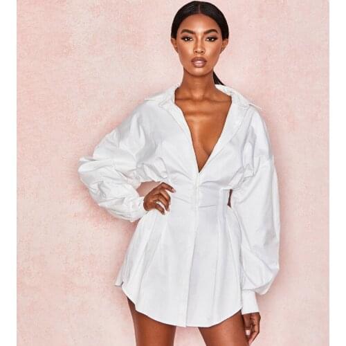 Spring Women Solid Shirt Dress High Street Long Puff Sleeve V-Neck Mini Dress Lady Defined Waist Shirt Tunic Dress Party Vestido