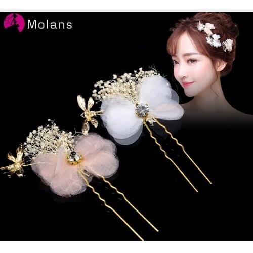 MOLANS Handmade Dragonfly Wedding Hairpins Crystal Bride Hair Pin Sticks Pink Bridal Hair Flower Clip For Women Hair Accessories