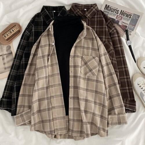 Vintage 2021 Autumn Fashion Women Long Sleeve Turn-down Collar Polo Shirts Pocket Plaid Casual Blouse