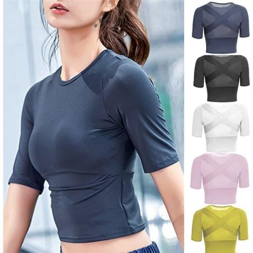 Womens Sports Short Sleeve Womens Running Quick-drying Yoga Wear Round Neck Fitness Top