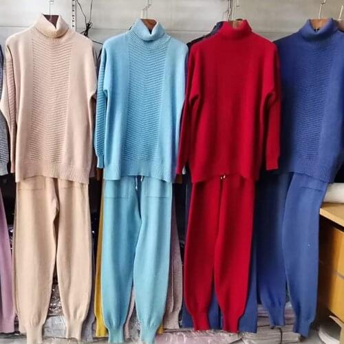 Women Knitted Sweater two pieces Sets Turtle neck Chic Female Tracksuit Ladies Pullover Sweaters and Pants