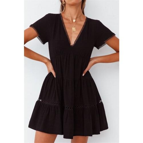 Women Deep V-Neck Mini Dress Summer Autumn Lace Decoration Solid Color Dresses Casual Short Sleeve One-Piece Dress for Women