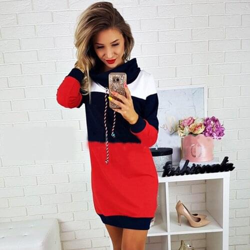 Women Winter Dress Hooded Turtleneck Long Sleeve Autumn Striped Color Block Dress Sweatshirt Mini Female