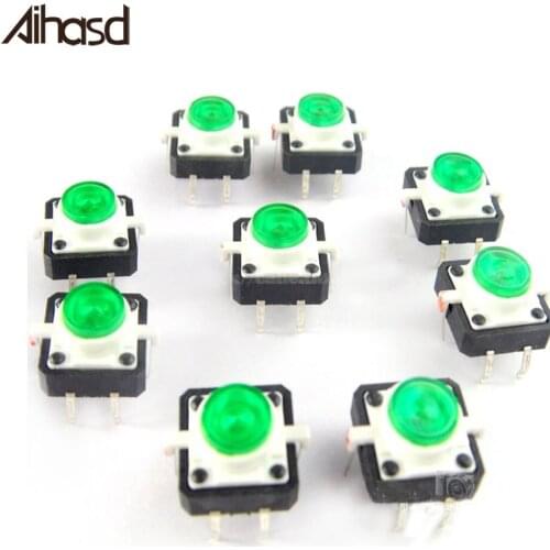 10PCS/LOT Green Color LED Reset Tactile Button Normally Open 4 Pin Touch Switch 12*12mm