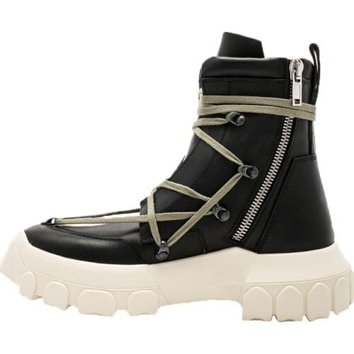 2020 Men Shoes High-TOP Ankle Boots Genuine Leather Sneaker Luxury Trainers Boots Platform Casual Lace-up Zip Flat Black Shoes