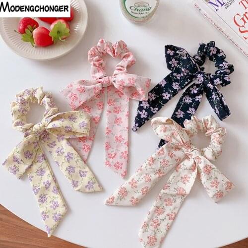 2021 Fashion Floral Streamer Bow Knot Streamer Hair Scrunchies For Woman Girls Hair Tie Elastic Hair Rope Hair Accessories Hot