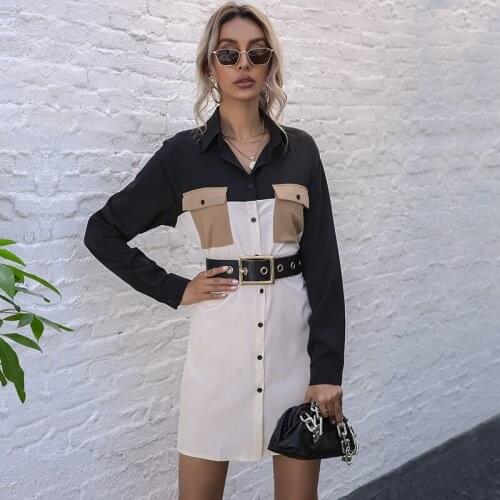 2021 Spring Summer Women Dress Turn-down Collar Long Sleeve Pockets Ladies Button Front Patchwork Shirt Dress With Belt Vestidos