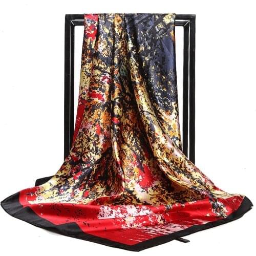 Women red blue Pink FOil painting Faux Silk Satin Square Scarves Office Fashion Head Shawl Warps Neck Bandana 90*90cm
