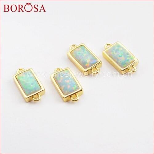 BOROSA Fashion 10pcs Rectangle Gold Color Bezel White Opal Faceted Connectors, Japanese Opal Manmade Opal Jewelry ZG0303