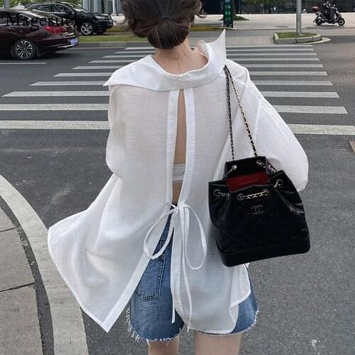 Plus Size Summer Sunscreen Shirt Sexy Backless Lace-up 4XL Womens Blouse Causal White Women Shirts Long Sleeve Blusas 15372