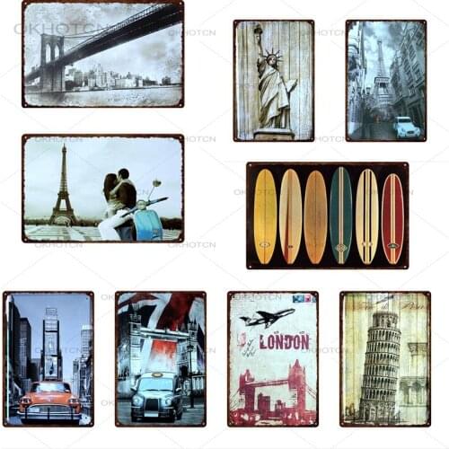 Famous Building Retro City Metal Sign Travel Tin Plate Home Decoration Wall Iron Painting Vintage Bar Pub Sign 30X20CM