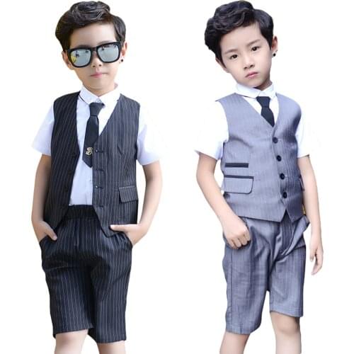 Kids Boys Black Gray Stripe Vest + Pants Suit Children Short White Shirt Formal Casual Dresswear Birthday Party Wedding Clothing