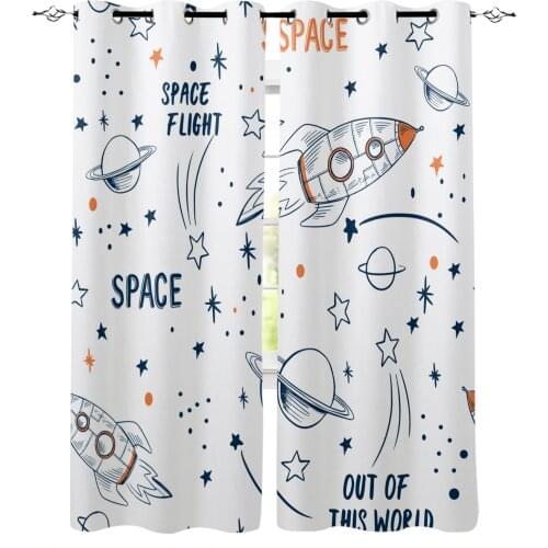 Rocket Flying Cartoon Universe Space White Curtain for Living Room Bedroom Window Treatment Blinds Drapes Kids Room Curtains