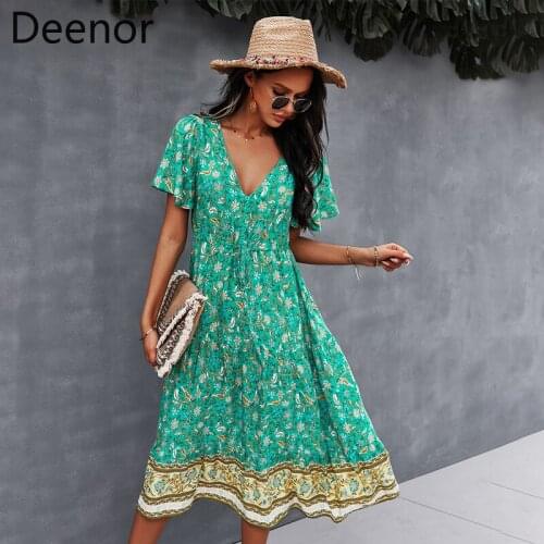 Deenor Summer Dress Cottagecore Vintage Floral Print Deep V Neck Sexy Dresses 2021 Vacation Clothes for Women Sundress